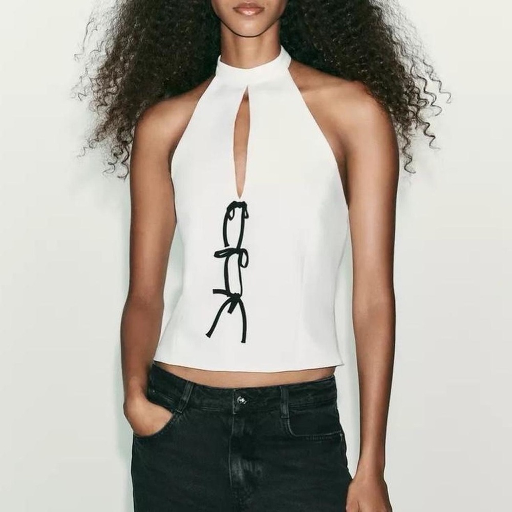 NWT Zara Halter Neck Bow Front Tank Top in White/Black - S